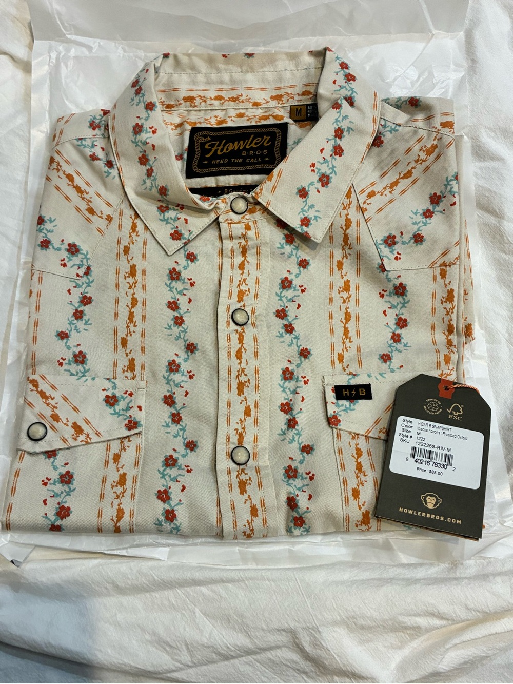 Howler Brothers - Cream Floral Stripe Button-Down Shirt,  Rust Accents MED NWT